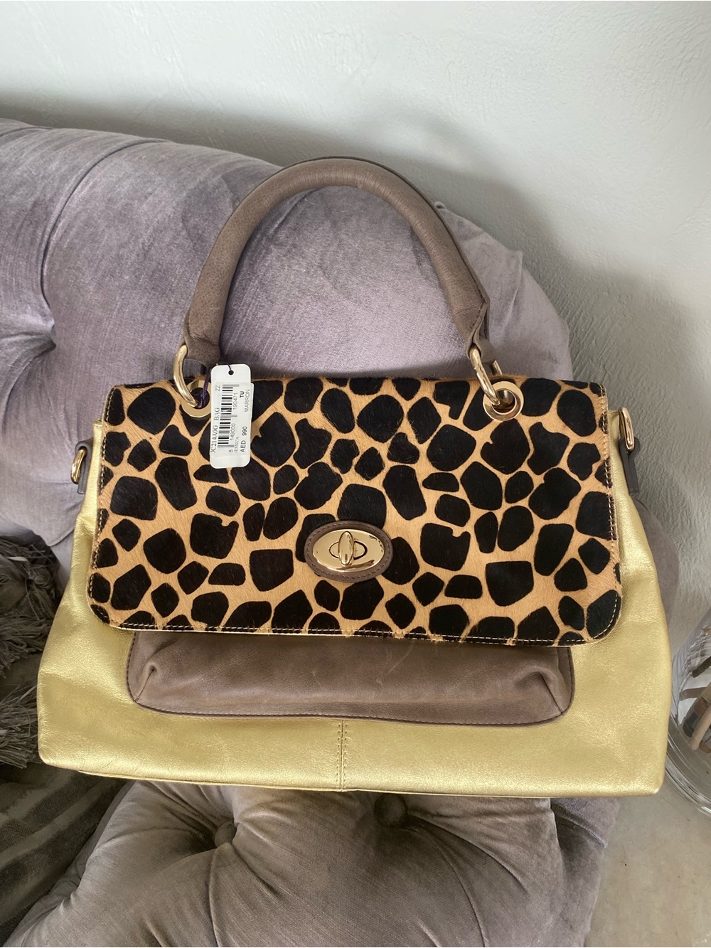Jessica Gold and Leopard Print Shoulder Bag with Taupe Handle